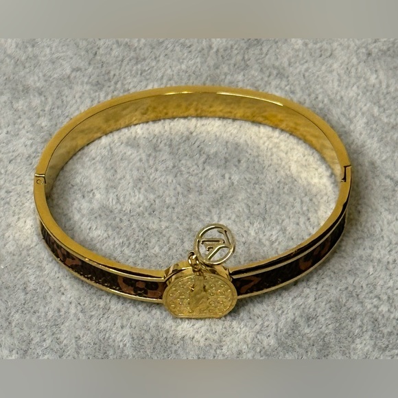 Black & Gold Tone Bangle Bracelet with Leather Inlay - Picture 4 of 7